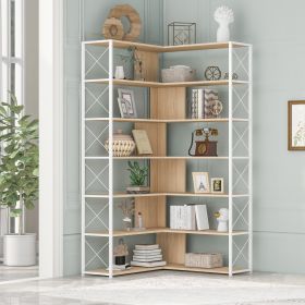 7-Tier Bookcase Home Office Bookshelf, L-Shaped Corner Bookcase with Metal Frame, Industrial Style Shelf with Open Storage, MDF Board (Color: oak)