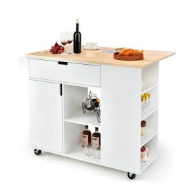 Drop-Leaf Kitchen Island with Rubber Wood Top (Color: White)