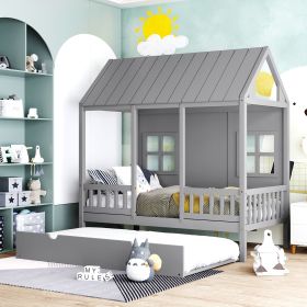 Twin Size Wood House Bed With Twin Size Trundle, Wooden Daybed, (Color: Gray)