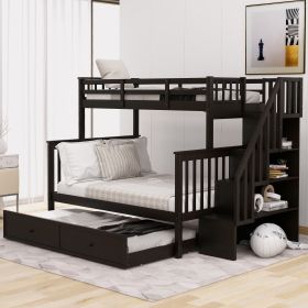 Stairway Twin-Over-Full Bunk Bed with Twin size Trundle, Storage and Guard Rail for Bedroom, Dorm, for Adults (Color: Espresso)