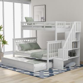 Stairway Twin-Over-Full Bunk Bed with Twin size Trundle, Storage and Guard Rail for Bedroom, Dorm, for Adults (Color: White)