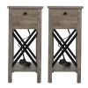 Farmhouse Flip Top End Table with Charge Station;  X-Shaped Profile Narrow Side Table with Drawer for Office;  Bedroom;  Living Room;  Gray