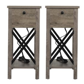 Farmhouse Flip Top End Table with Charge Station;  X-Shaped Profile Narrow Side Table with Drawer for Office;  Bedroom;  Living Room;  Gray (quantity: 2 piece)