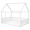 Full Size Floor Wooden Bed with House Roof Frame, Fence Guardrails ,White