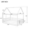 Full Size Floor Wooden Bed with House Roof Frame, Fence Guardrails ,White