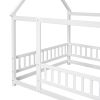 Full Size Floor Wooden Bed with House Roof Frame, Fence Guardrails ,White